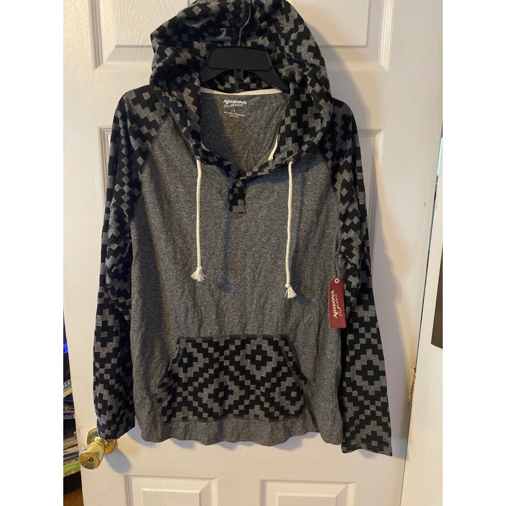 Arizona Jean Co Mens Hoodie Shirt L Gray Aztec Geometric Henley Raglan NWT